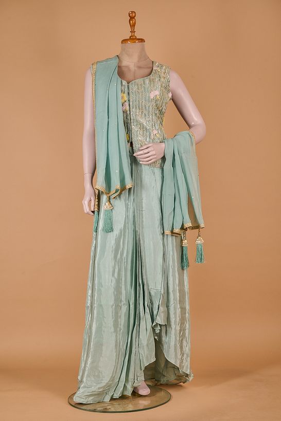 crepe dupion tissue light teal blue lehenga blouse with dupatta
