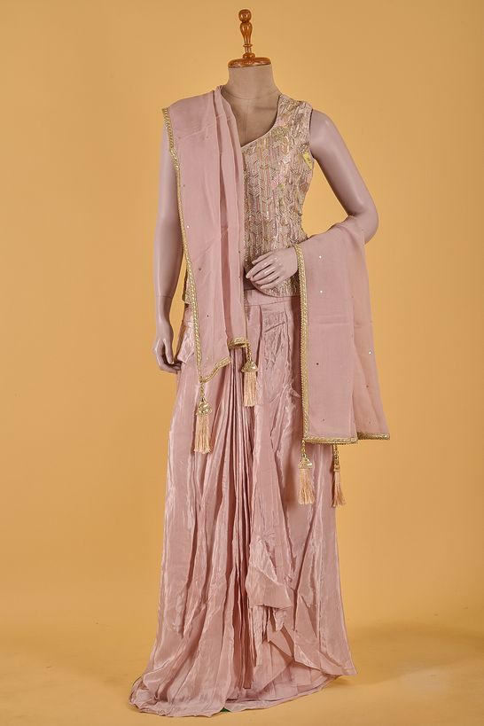 dupion organza champaigne brown lehenga blouse with dupatta