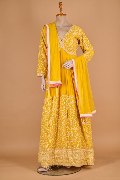 georgette net / tule golden yellow gown with dupatta