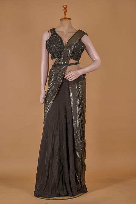 crepe net / tule black ready made saree with stitched blouse