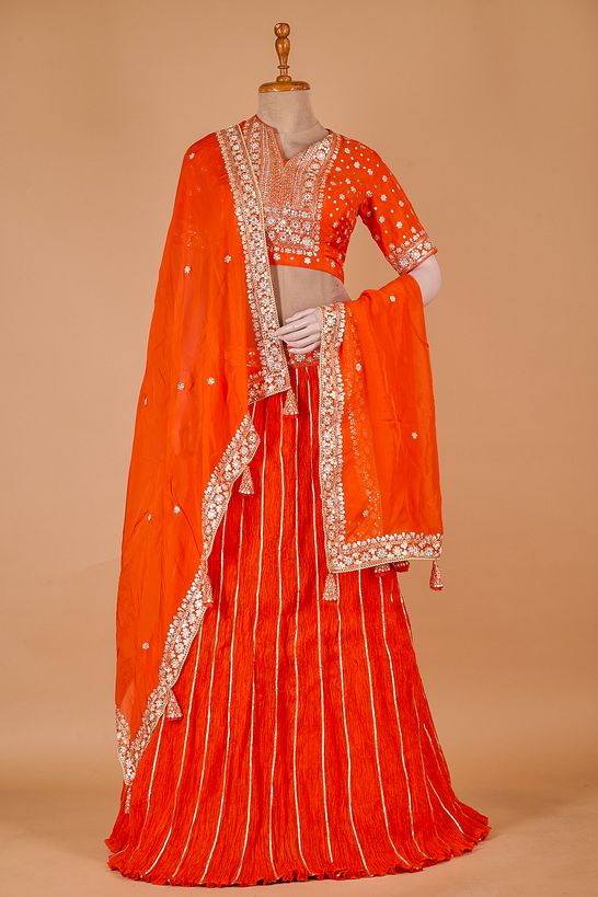 dupion organza dark orange ghagra choli ready to wear