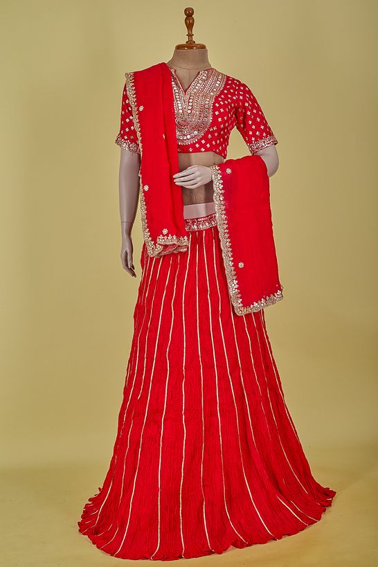 dupion organza blood red ghagra choli ready to wear