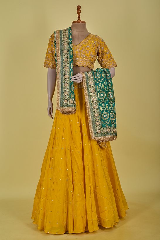 dupion georgette jungle sea green golden yellow ghagra choli ready to wear