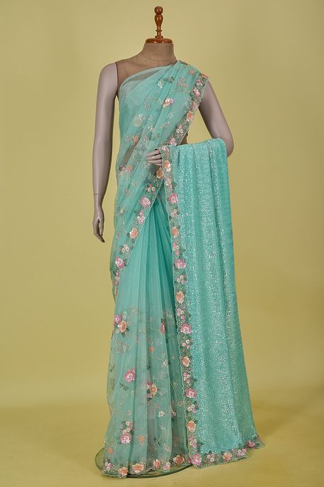 organza net / tule mint cream sea green saree with blouse