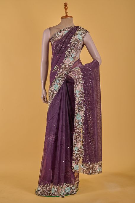 organza net / tule burgundy wine saree with blouse