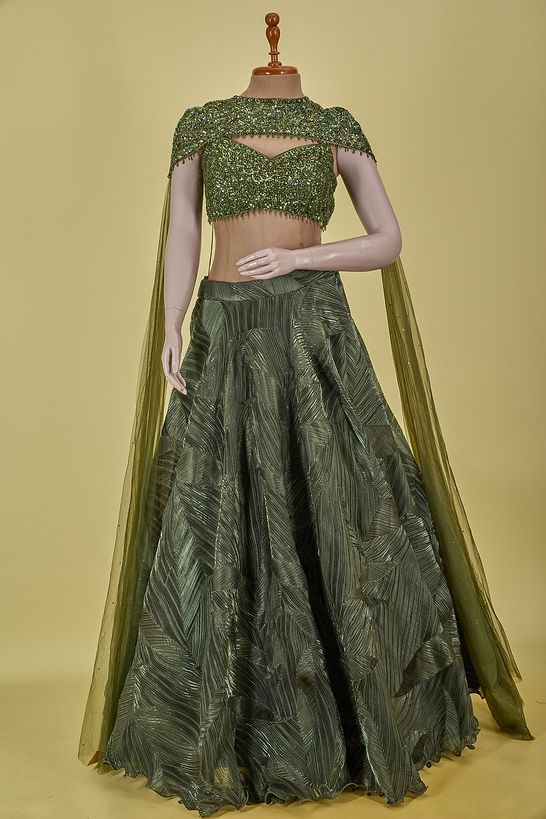 net / tule glass tissue military olive green ghagra choli ready to wear