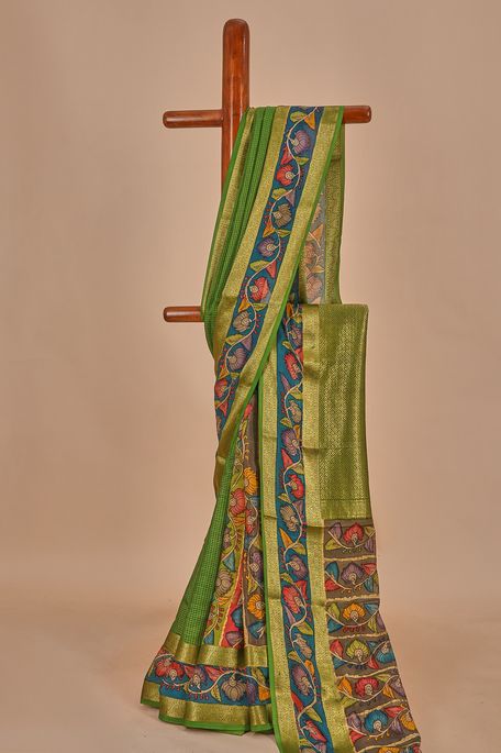 Kalamkari- crepe fig green olive green light steel grey saree with blouse