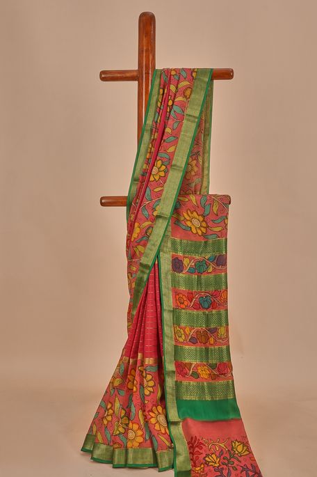 Kalamkari- crepe salmon pink blood red saree with blouse