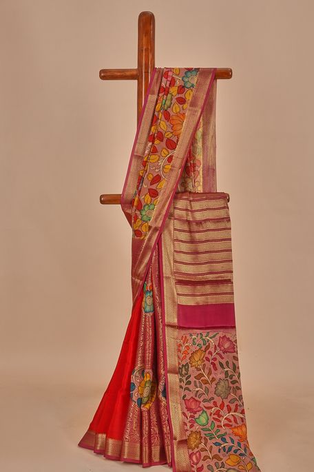 Kalamkari- crepe light burgundy grape blood red dark red saree with blouse