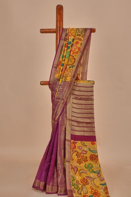 Kalamkari- crepe light mustard magenta pink saree with blouse