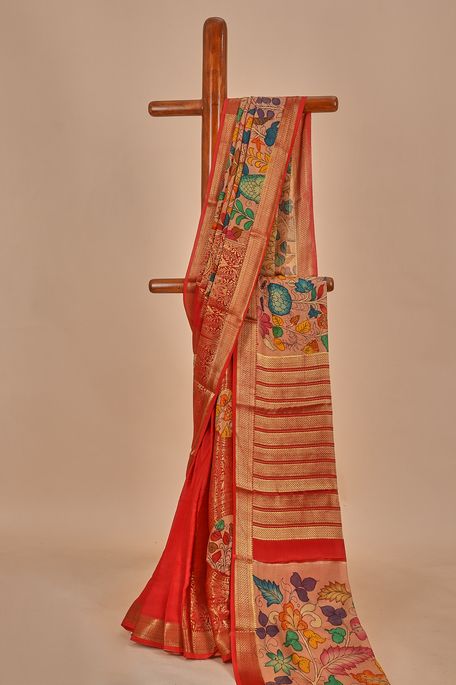 Kalamkari- crepe light salmon onion pink blood red saree with blouse
