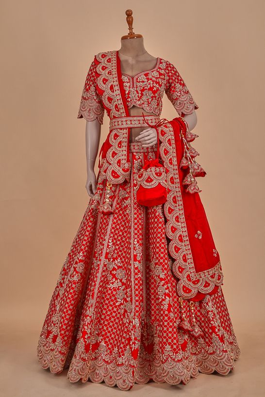 dupion organza blood red Ghagra choli ready to wear with potli bag and belt
