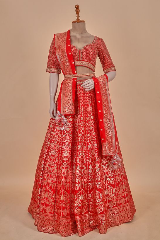 dupion organza blood red Ghagra Choli Ready To Wear With Belt
