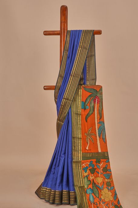 Kalamkari- crepe light navy blue saffron orange saree with blouse