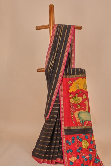 Kalamkari- Mysore crepe black saree with blouse