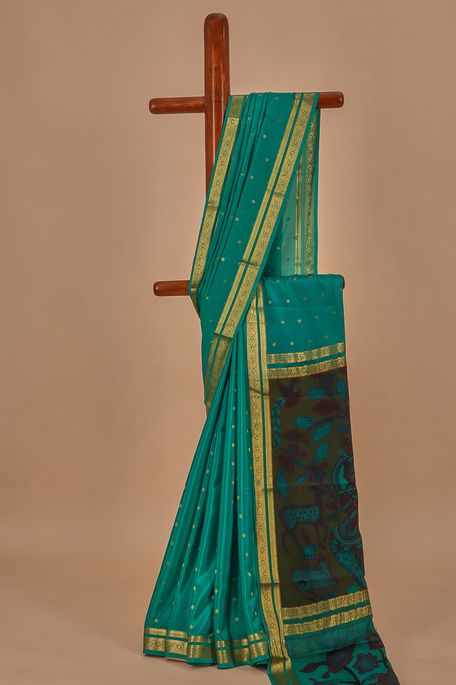 Kalamkari- Mysore crepe jungle sea green saree with blouse