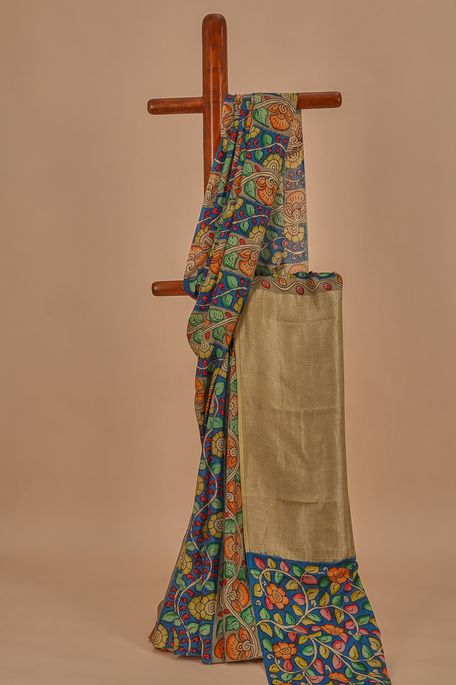 Kalamkari- Mysore crepe dark marine blue light khakhi green brown saree with blouse