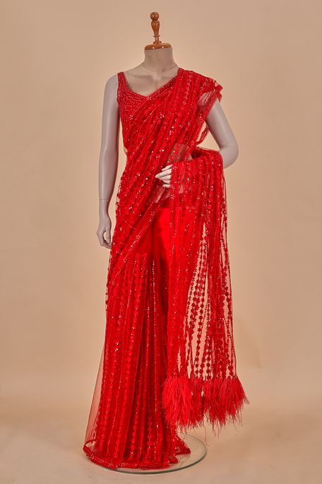 net / tule blood red saree with stitched blouse