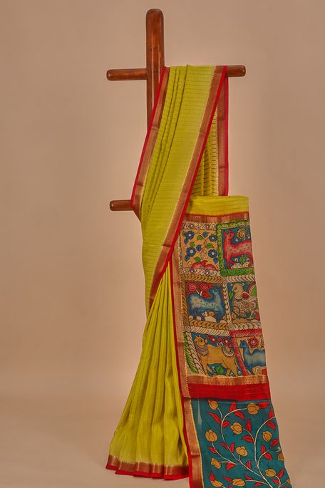 Kalamkari- Mysore crepe dark mustard saree with blouse
