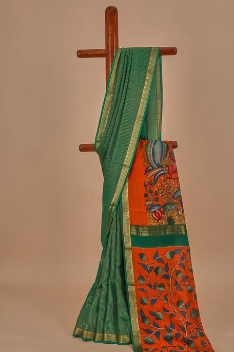 Kalamkari- Mysore crepe bottle green saree with blouse