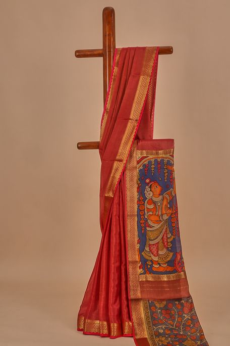 Kalamkari- Mysore crepe tissue dark lavender pink saree with blouse