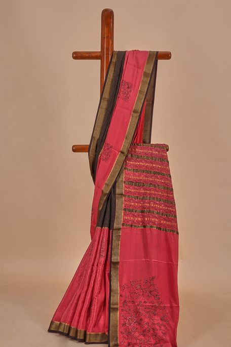 crepe black salmon pink saree with blouse