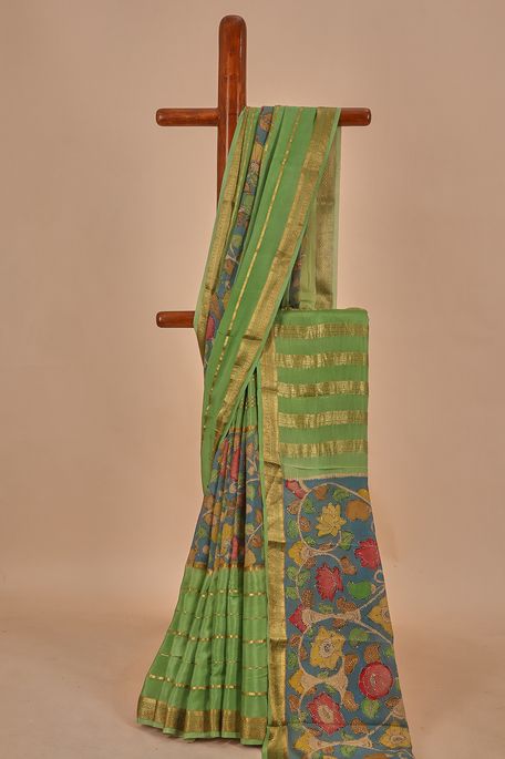 Kalamkari- crepe light navy blue spring sea green saree with blouse
