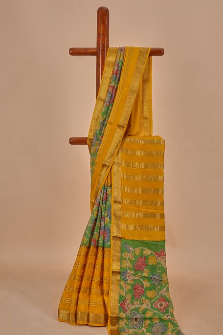 Kalamkari- crepe spring sea green golden yellow saree with blouse