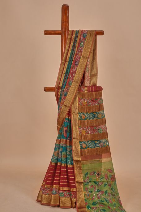 Kalamkari- crepe dark sapphire aqua blue dark burgundy maroon saree with blouse