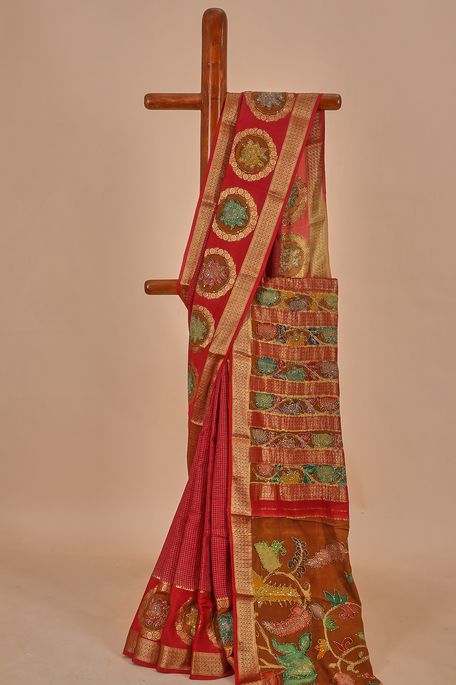 Kalamkari- crepe dark red saree with blouse