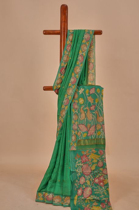 Kalamkari- crepe spring sea green saree with blouse