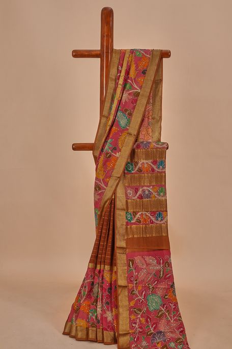 Kalamkari- crepe dark honey brown old rose pink saree with blouse