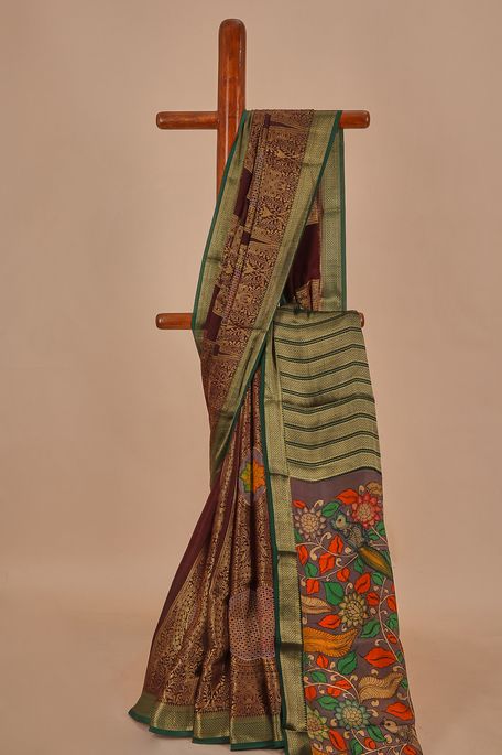 Kalamkari- crepe chocolate brown saree with blouse
