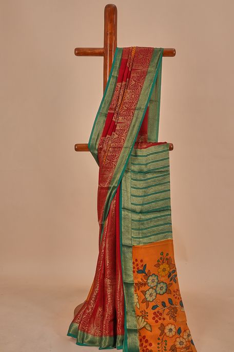 Kalamkari- crepe dark red saree with blouse