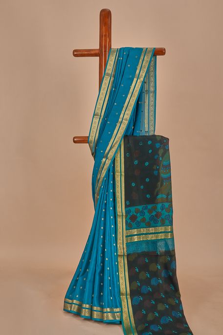 Kalamkari- crepe dark sapphire aqua blue saree with blouse