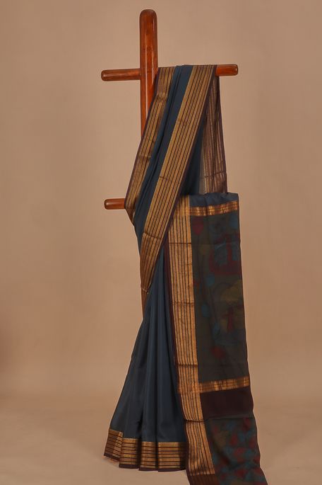 Kalamkari- Mysore crepe charcoal grey saree with blouse