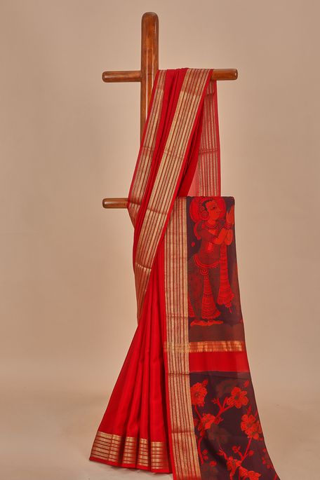Kalamkari- crepe dark red saree with blouse