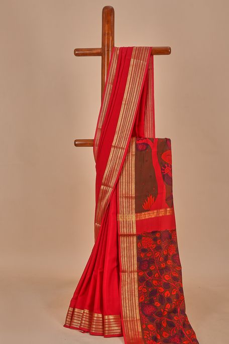 Kalamkari- crepe strawberry pink saree with blouse