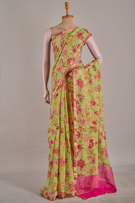 chiffon raw apple green saree with blouse