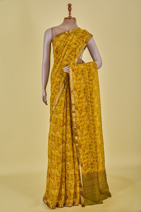 chiffon mustard olive green saree with blouse