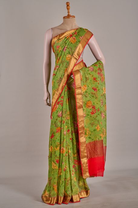 chiffon dark raw apple green saree with blouse