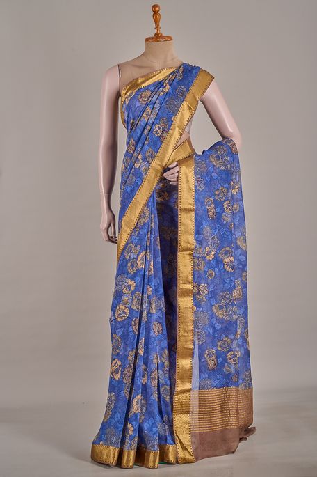 chiffon light navy blue saree with blouse