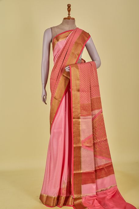 Mysore crepe salmon pink dark salmon pink saree with blouse