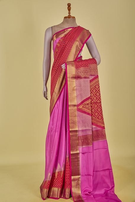 Mysore crepe light magenta pink tomato pink saree with blouse