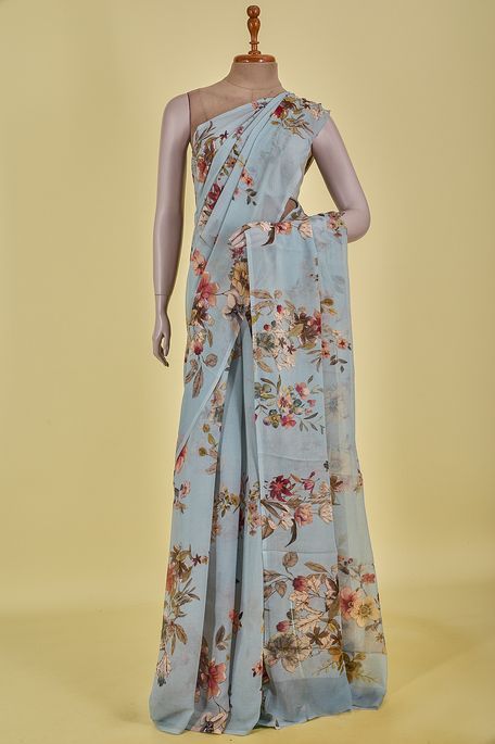 chiffon dusky dark sky blue saree with blouse