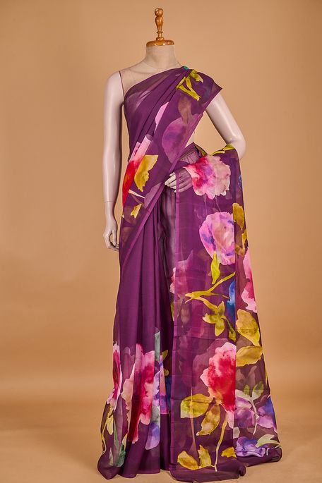 chiffon dark violet purple saree with blouse