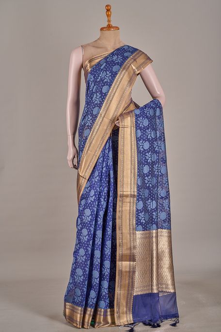 Banarasi kora cotton navy blue saree with blouse