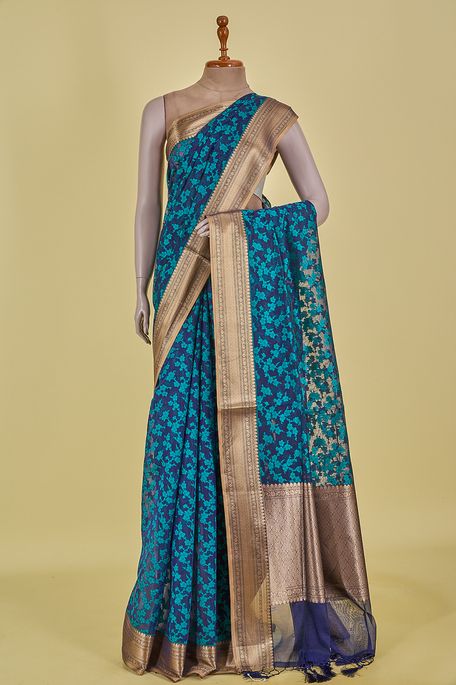Banarasi kora cotton navy blue saree with blouse