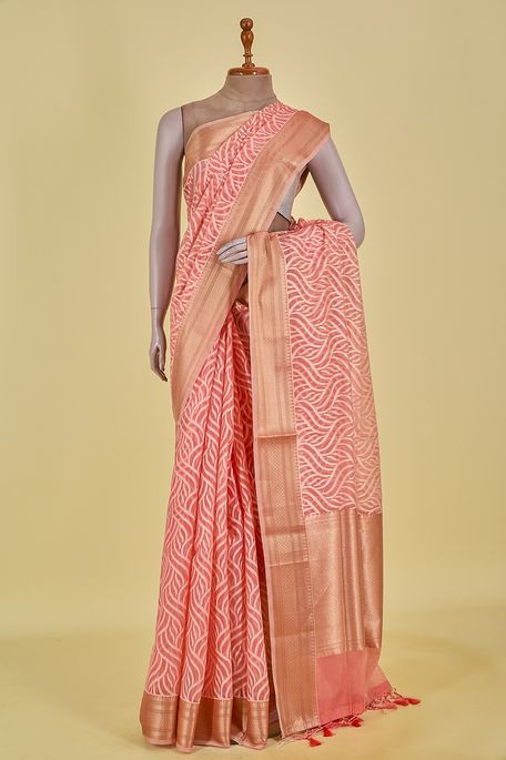 Banarasi kora cotton light peach pink saree with blouse