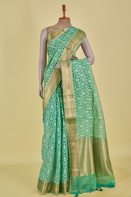 Banarasi kora cotton spring sea green saree with blouse